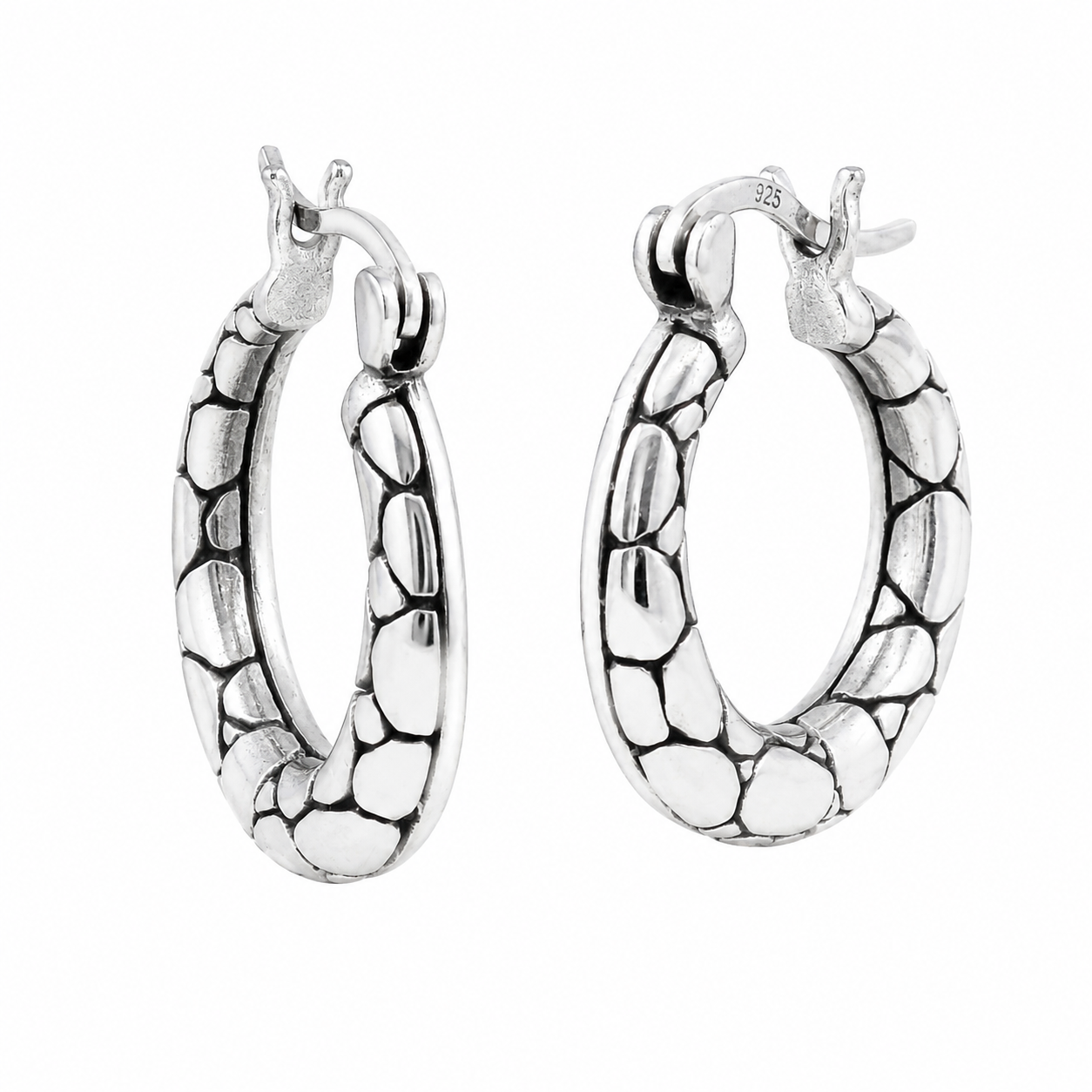 Sterling Silver Hammered Design Round Hoops Earrings
