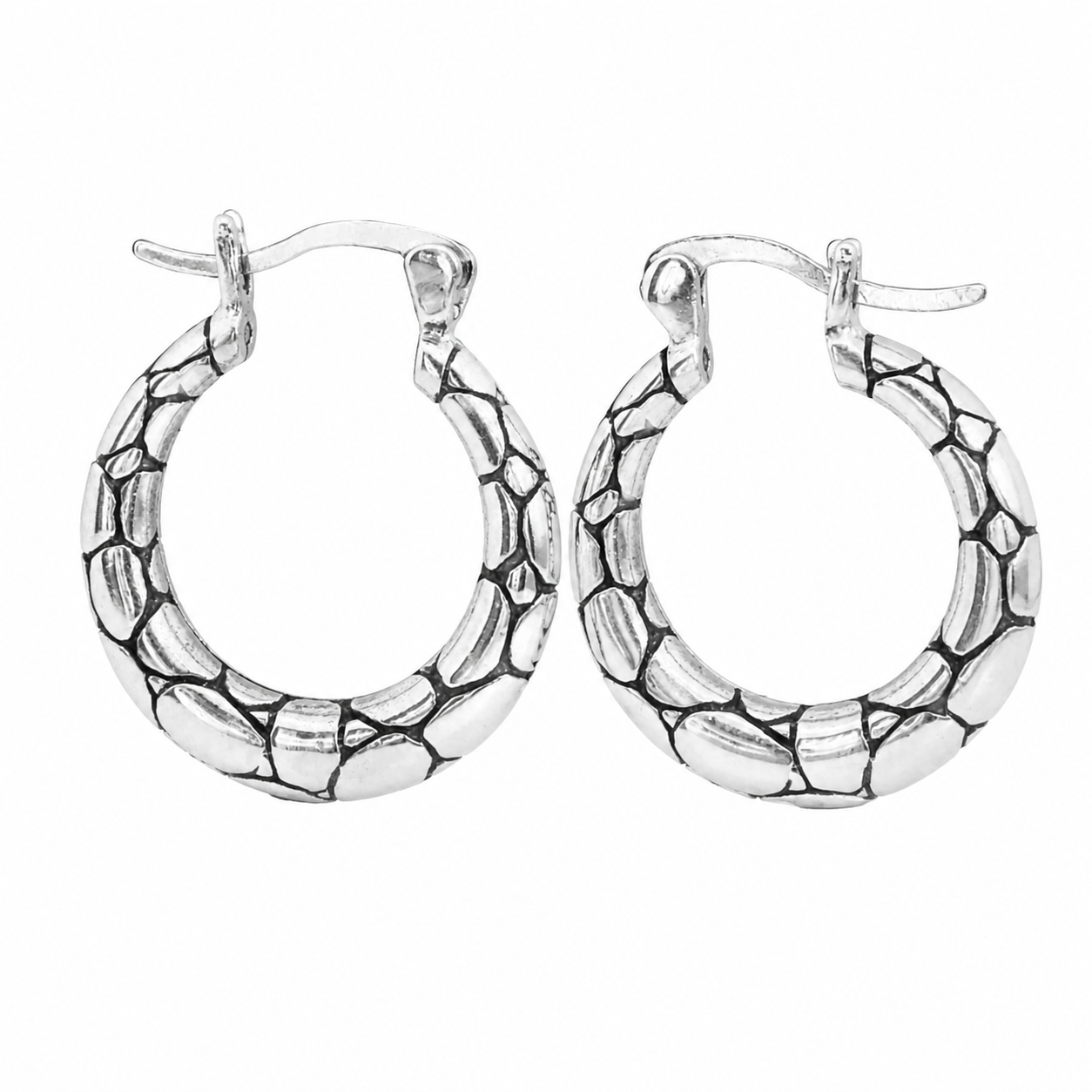 Sterling Silver Hammered Design Round Hoops Earrings