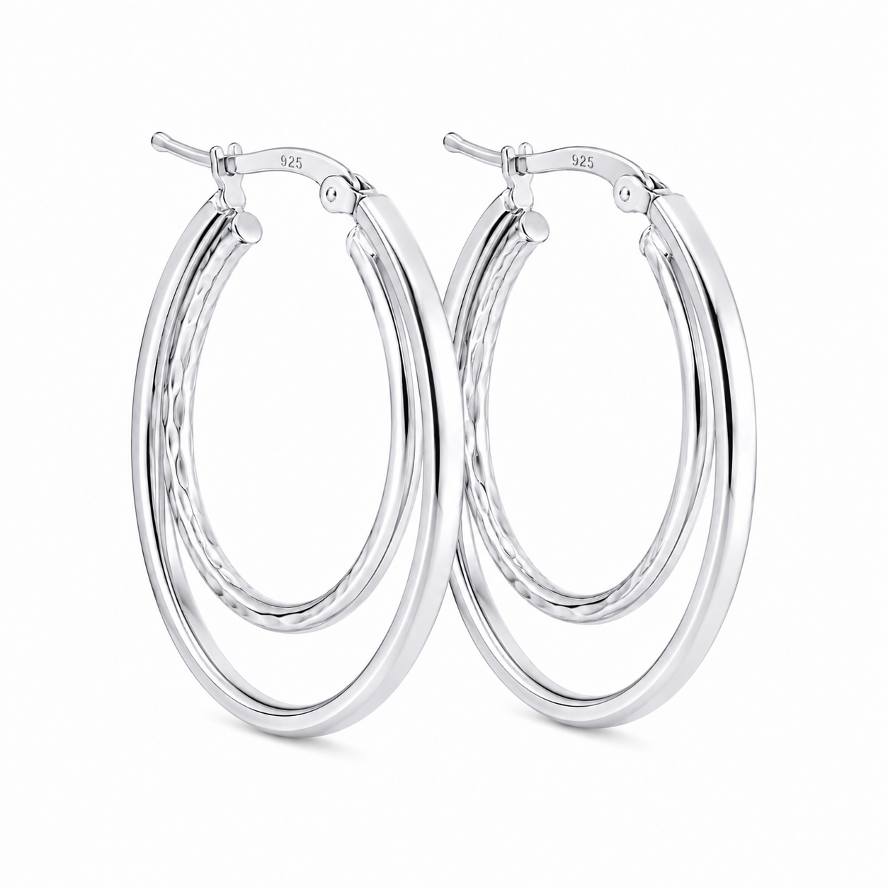 Sterling Silver Diamond Cut Matte Double Oval Hoop Earrings