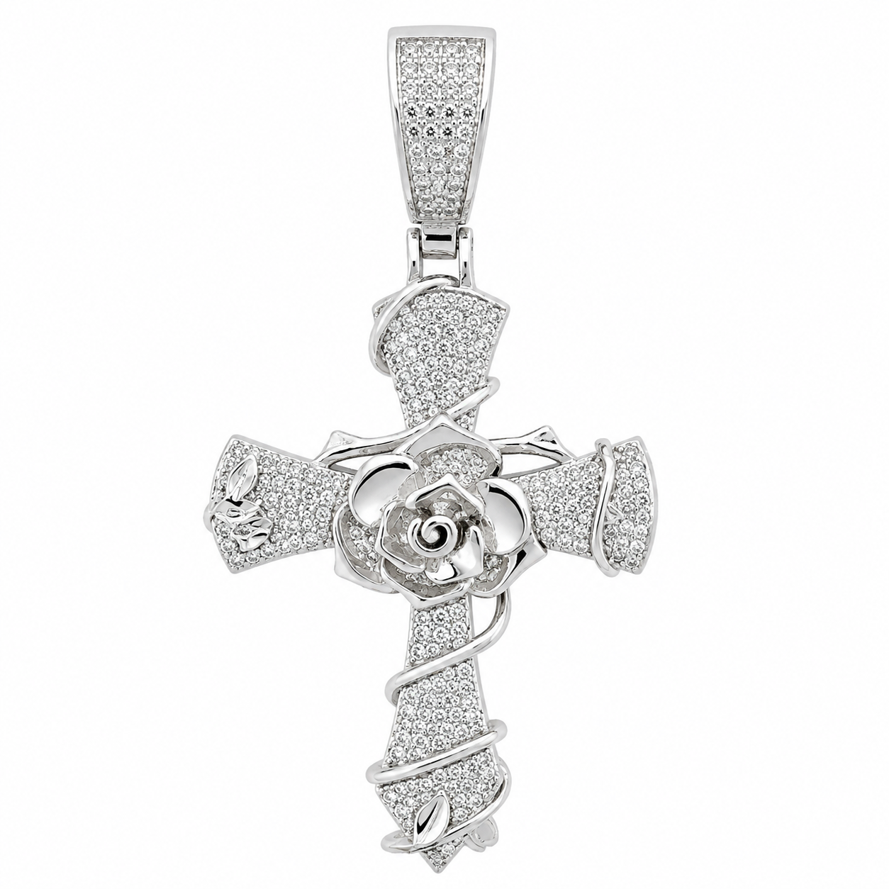 Men's Sterling Silver CZ Rose Vine Cross Pendant