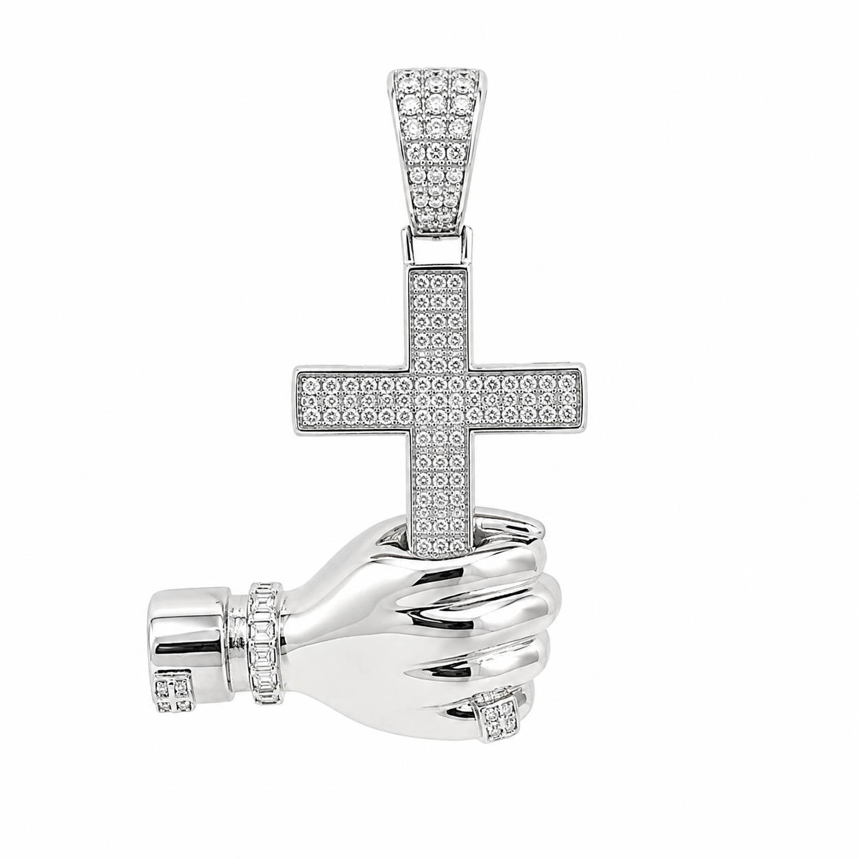 Men's Sterling Silver CZ Hand Holding Cross Pendant
