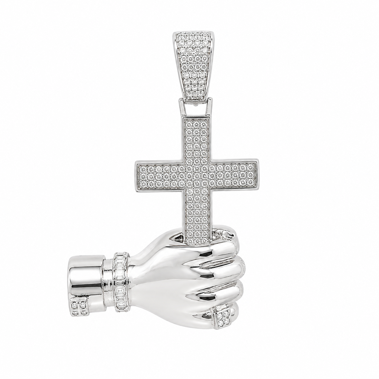 Men's Sterling Silver CZ Hand Holding Cross Pendant