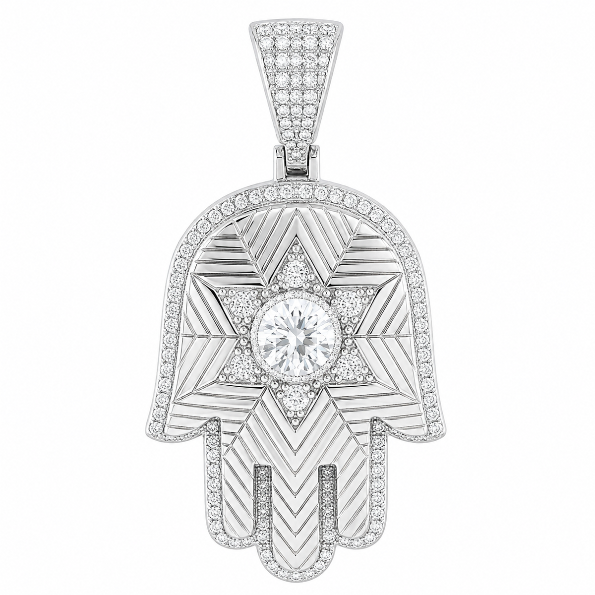Men's Sterling Silver CZ Star Of David Hamsa Hand Pendant