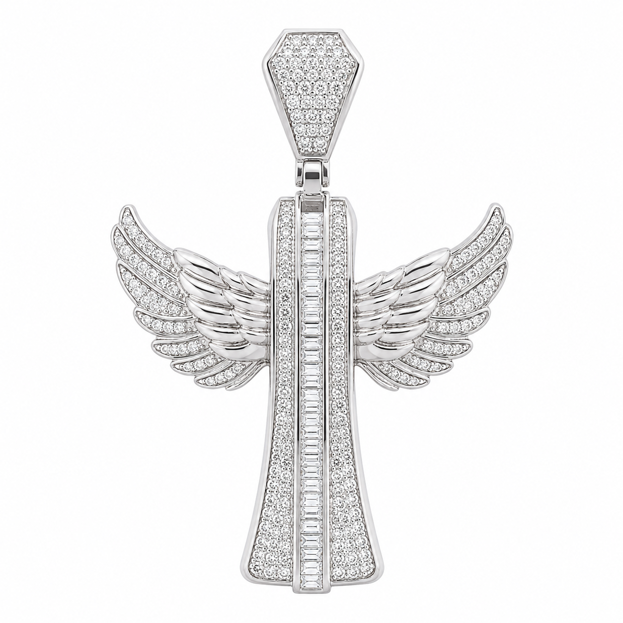 Men's Sterling Silver CZ Angel Wings Cross Pendant