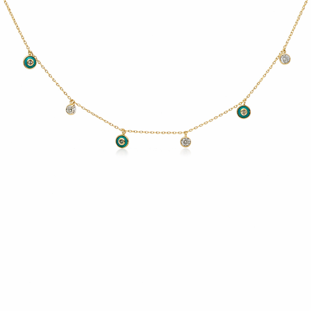 GOLD CZ W/ ENAMEL BORDER DANGLE STATIONS NECKLACE