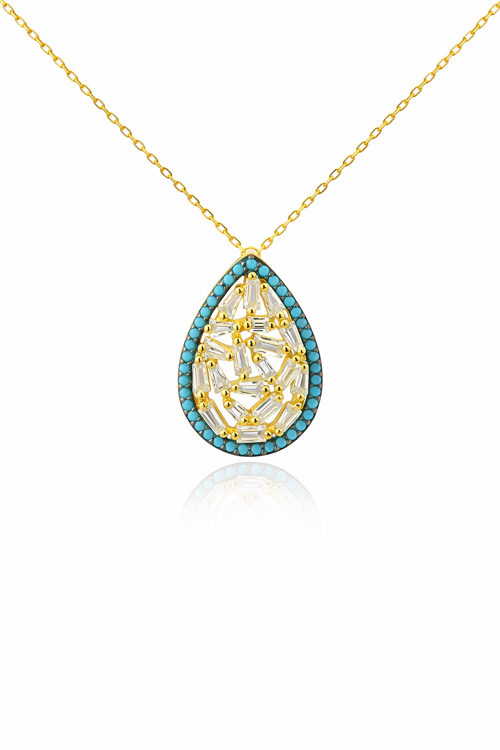 Sterling Silver Gold Plated Pear CZ with Blue Stone Border