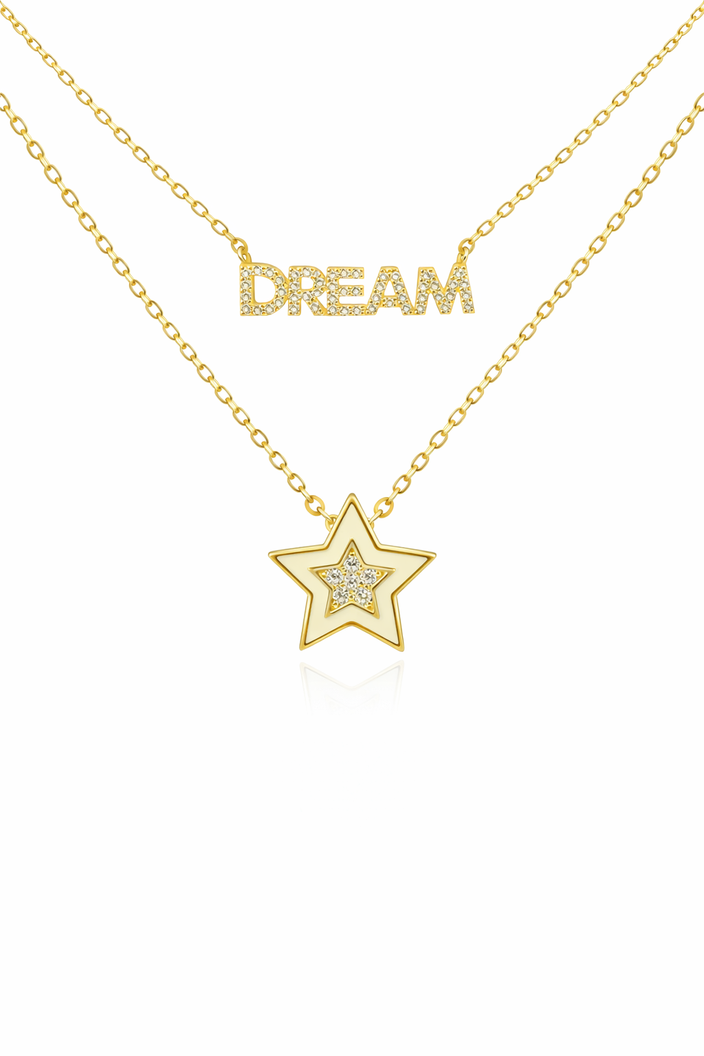 Sterling Silver Gold Plated Enamel & CZ Star W/ "Dream" Station Double Layer Necklace