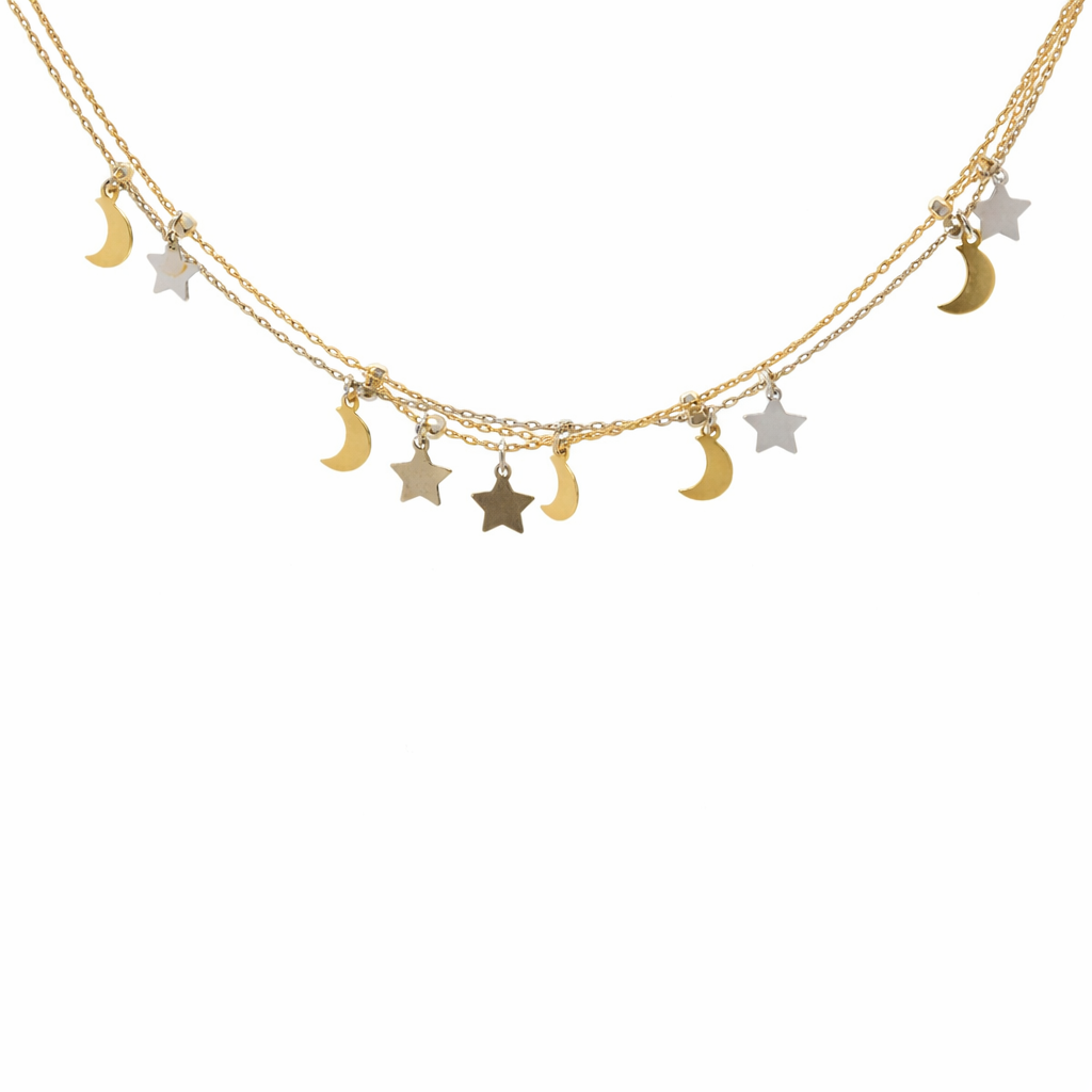 Sterling Silver Two Tone Multi-Charm Star & Crescent Moon Station Triple Layered Necklace