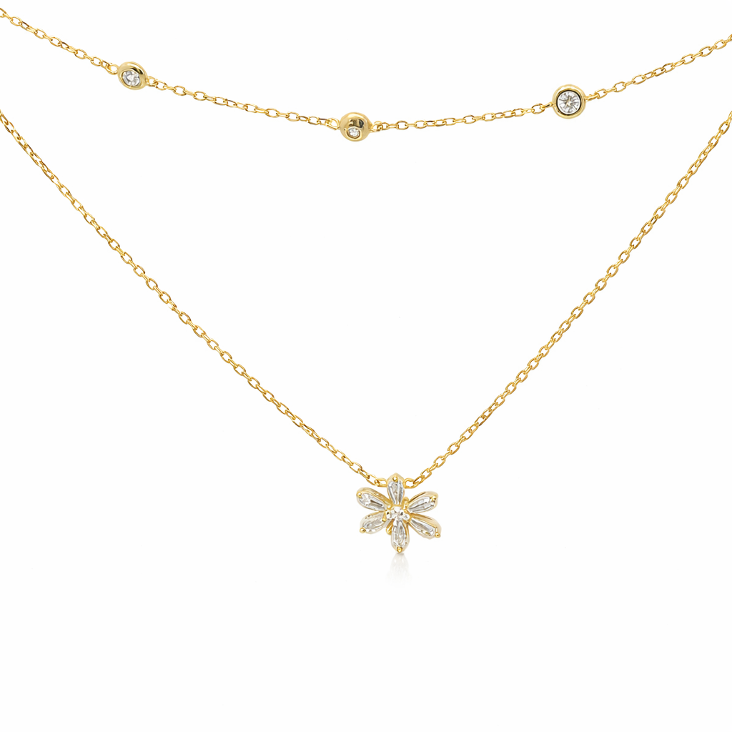 STERLING SILVER GOLD PLATED CZ FLOWER W/ CZ STATIONS DOUBLE LAYER NECKLACE