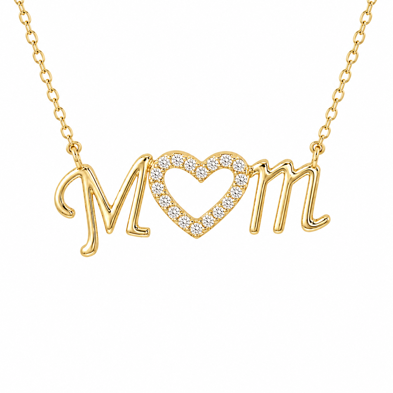 Sterling Silver Cursive "MOM" CZ Heart Necklace