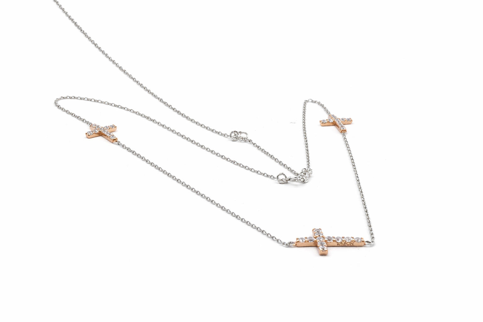 Sterling Silver Two Tone Three Cross Station Necklace