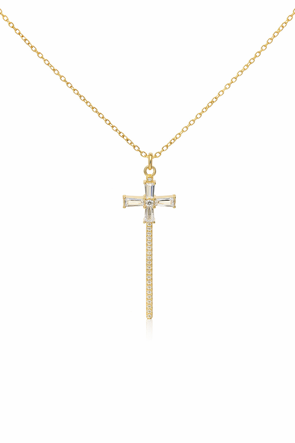 Sterling Silver Baguette CZ Cross Necklace