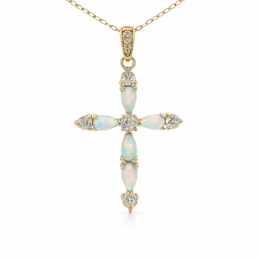 Sterling Silver White Opal CZ Cross Necklace