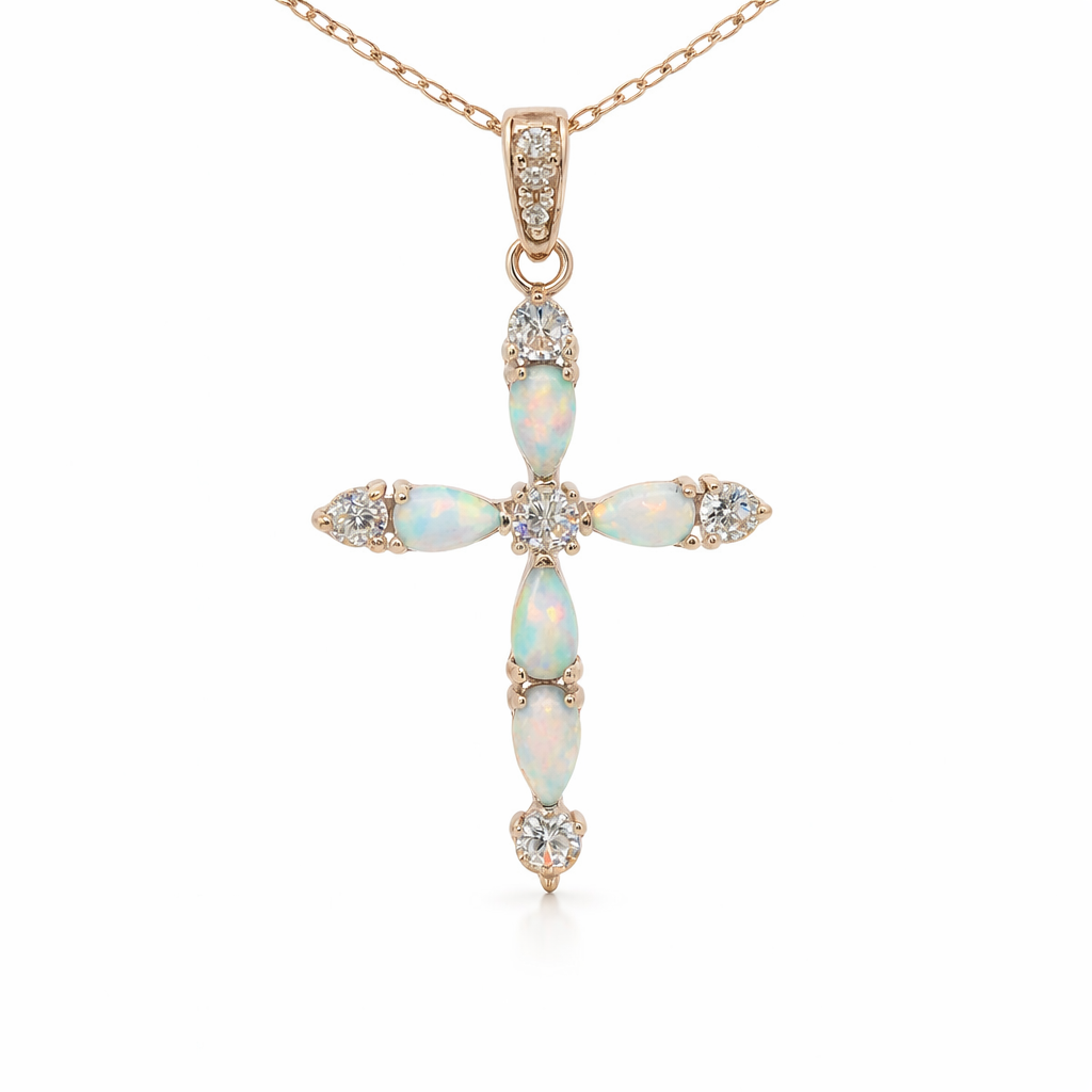 Sterling Silver White Opal CZ Cross Necklace