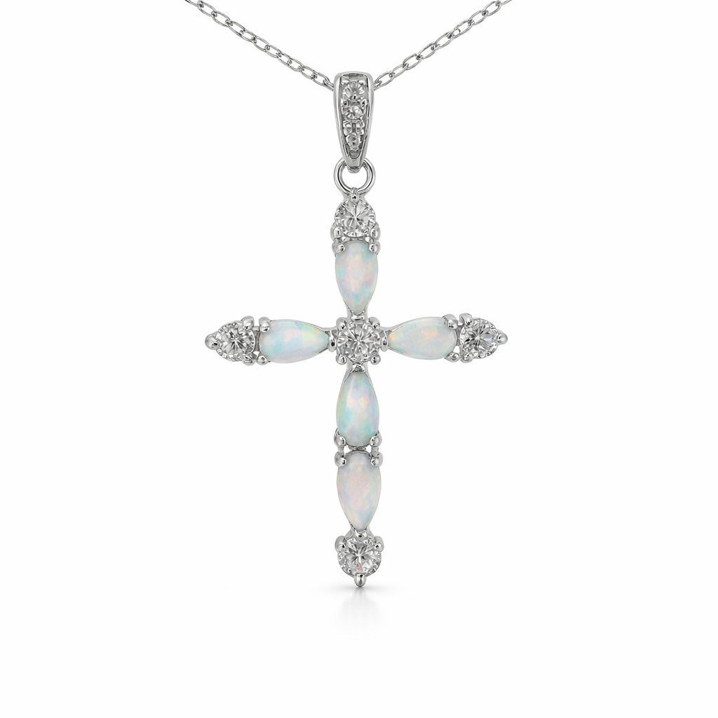 Sterling Silver White Opal CZ Cross Necklace