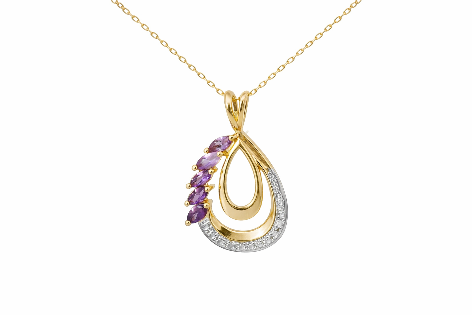 Sterling Silver Gold Plated Tear Drop CZ Purple Gem Necklace
