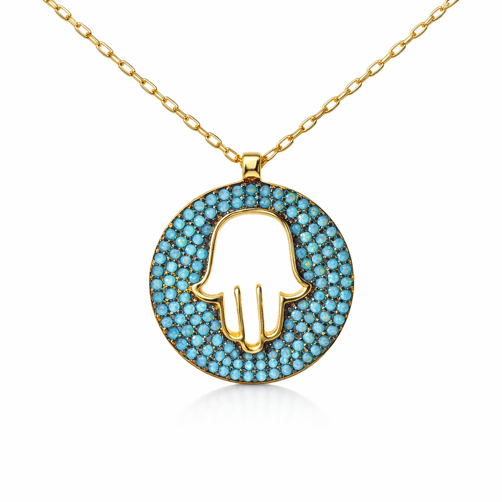 Sterling Silver Blue Stone Circle Open Hamsa Pendant Necklace