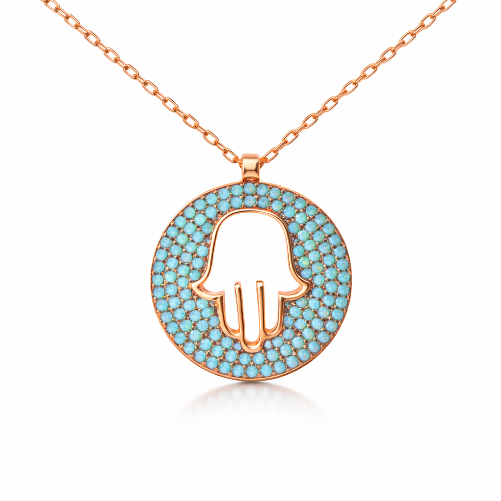 Sterling Silver Blue Stone Circle Open Hamsa Pendant Necklace