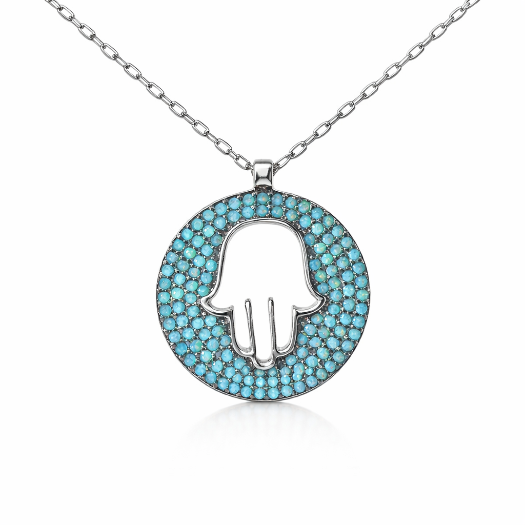 Sterling Silver Blue Stone Circle Open Hamsa Pendant Necklace