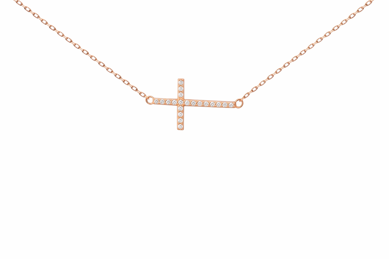 Sterling Silver Rose Gold Plate Cable Chain Sideways CZ Cross Necklace