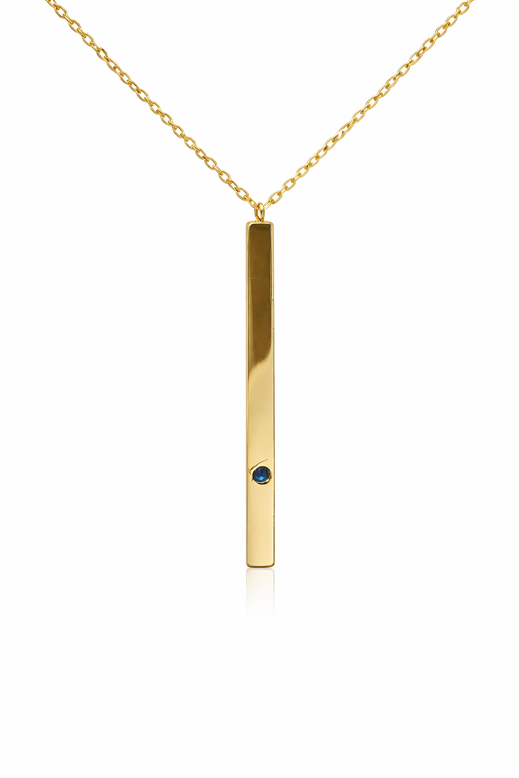 Sterling Silver Vertical Gold Bar Plate Necklace With Blue Gemstone