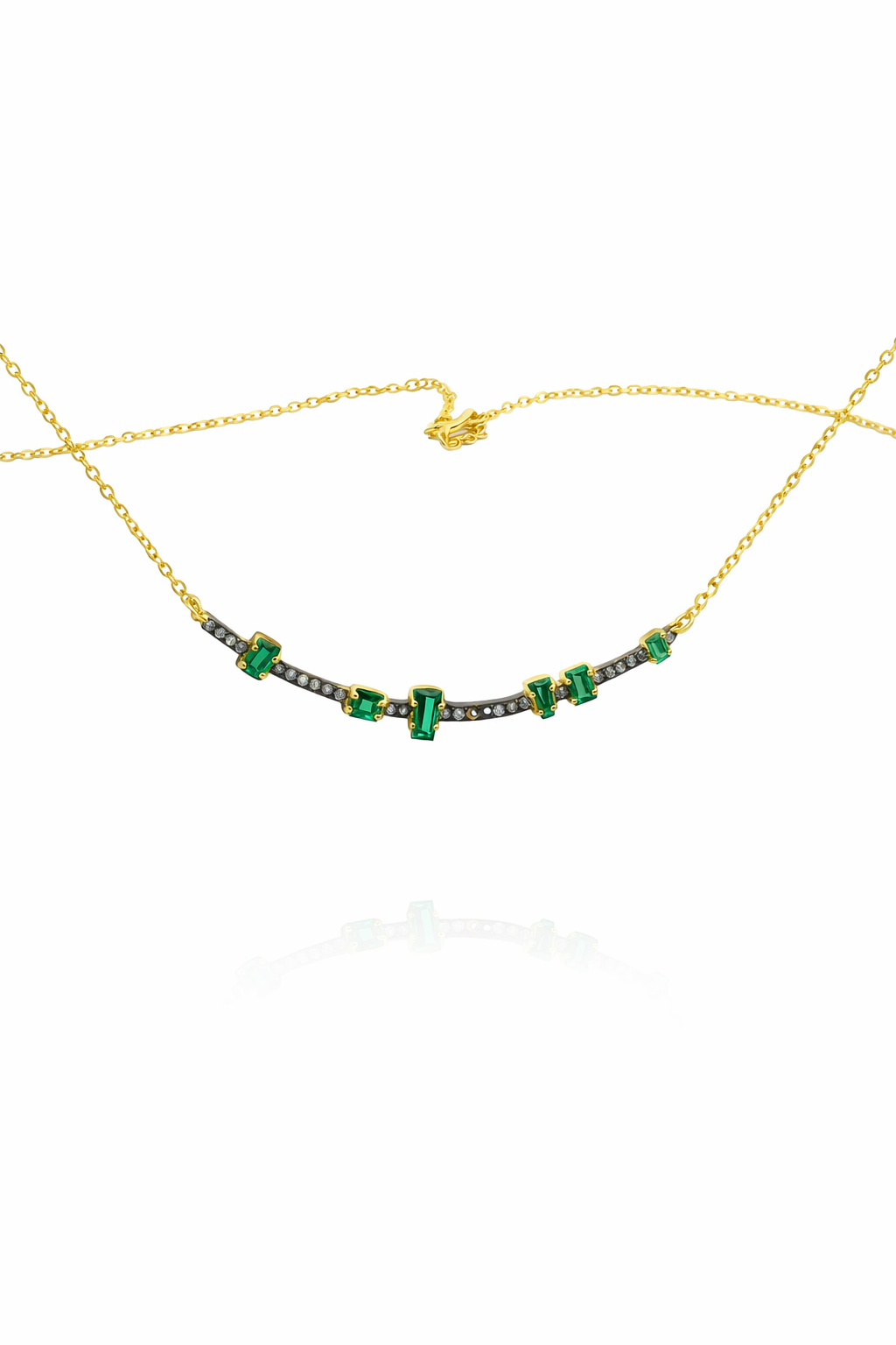 Sterling Silver Gold Plate CZ Bar w/ Emerald Stones