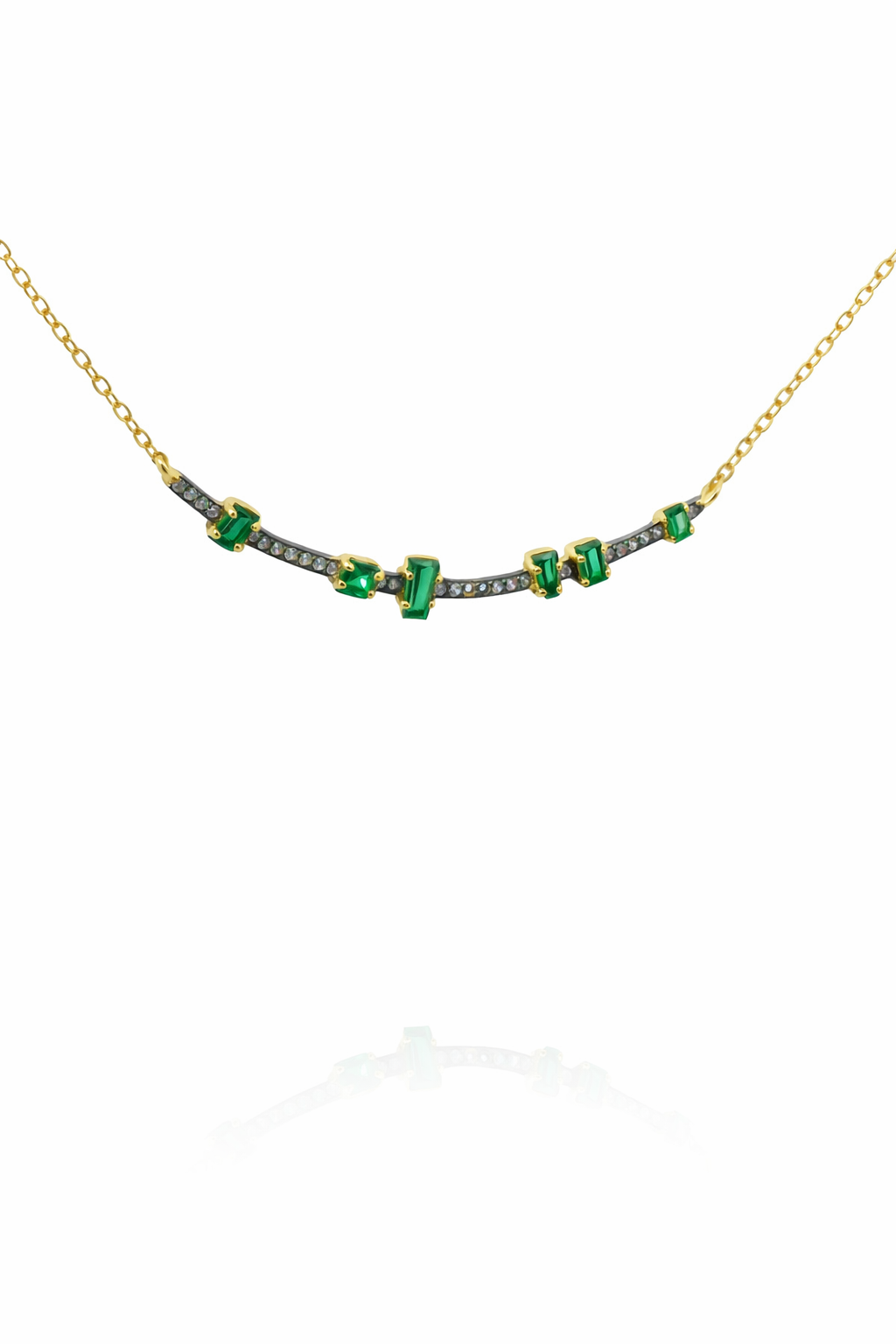 Sterling Silver Gold Plate CZ Bar w/ Emerald Stones