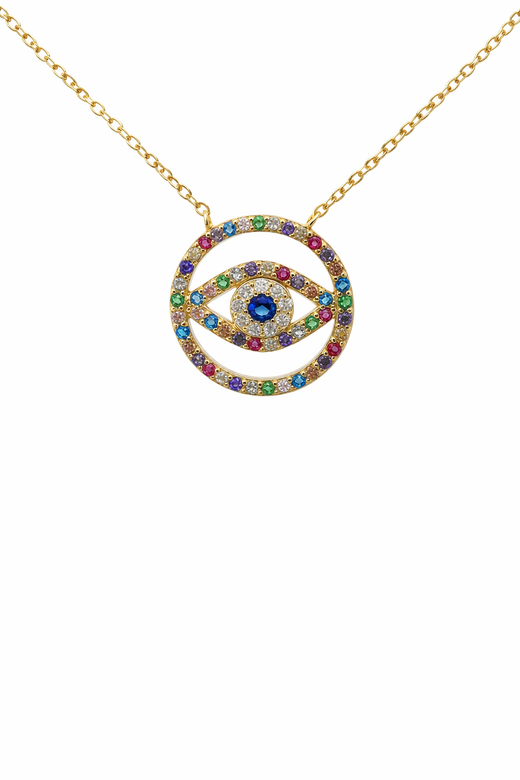 Sterling Silver Round Evil Eye Multi-Color CZ Necklace