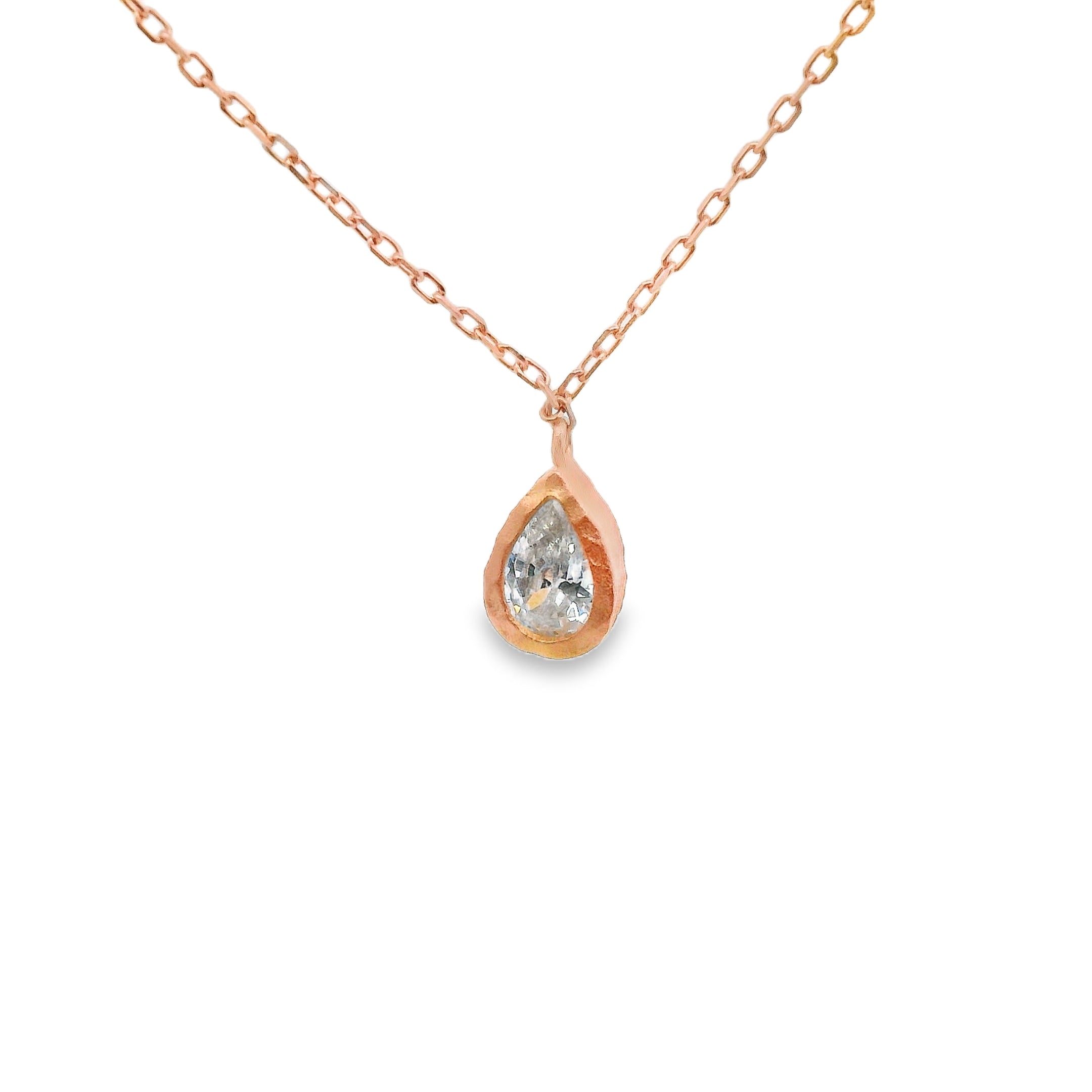 An Elegant Sterling Silver Rose Gold Color Tear Drop Shape Necklace With A Centered Clear Cz Stone