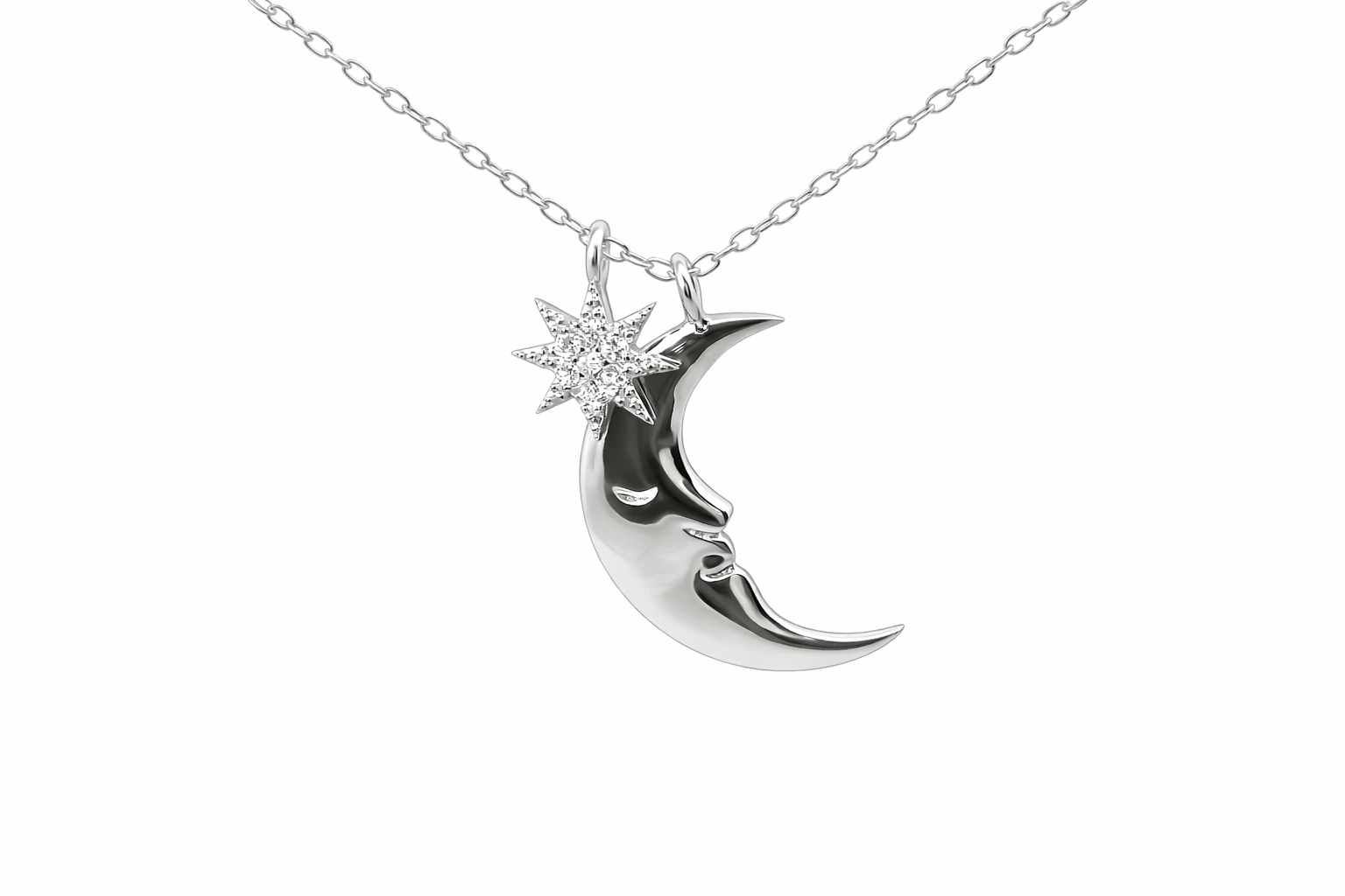 Sterling Silver Crescent Moon Face Necklace