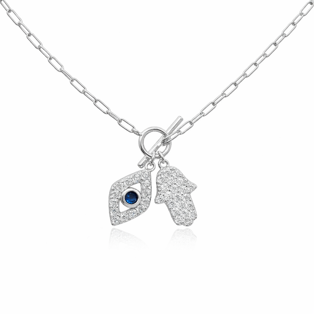 Sterling Silver Paper Clip with Evil Eye and Hamsa Hand