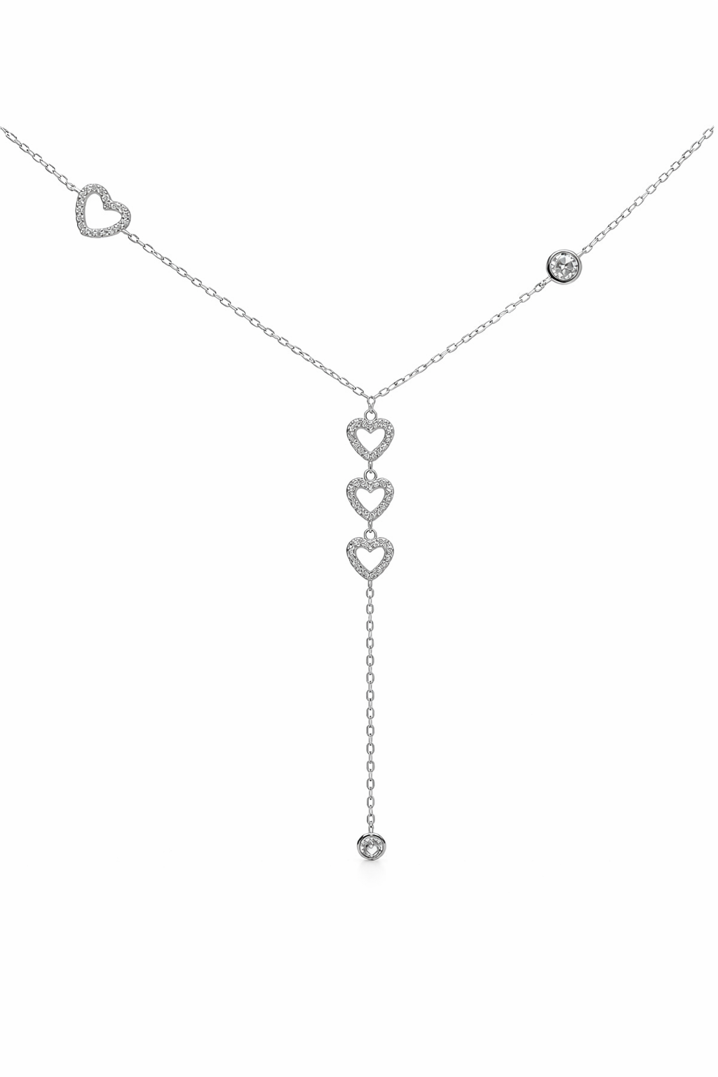 Sterling Silver Three Heart Dangle CZ Heart Necklace