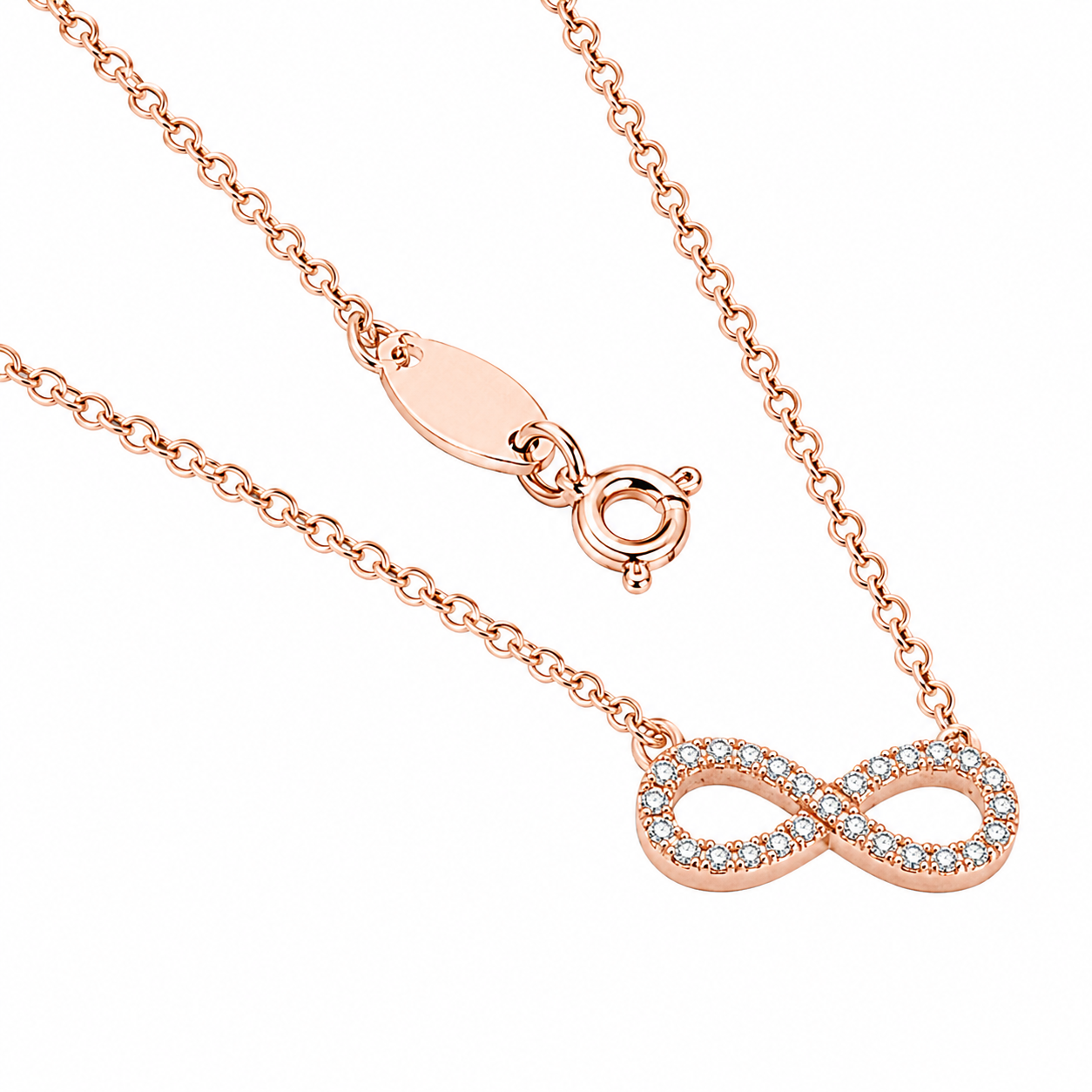 Sterling Silver Stylish Yet Elegant 0.5 X 0.2 Rose-Gold Infinity Necklace Mounted With Cz Stones