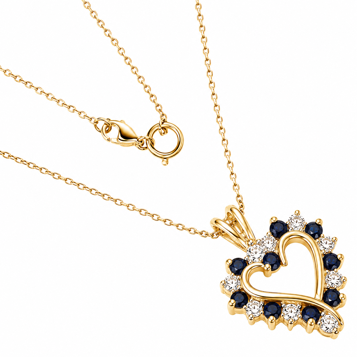 Sterling Silver Gold Plated Alternating Sapphire And CZ Heart Necklace
