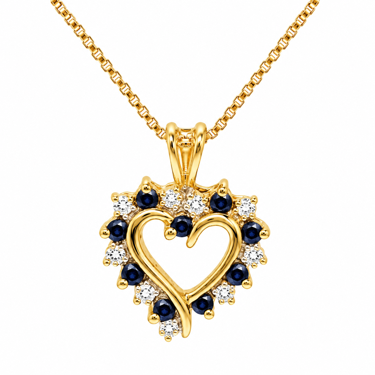 Sterling Silver Gold Plated Alternating Sapphire And CZ Heart Necklace