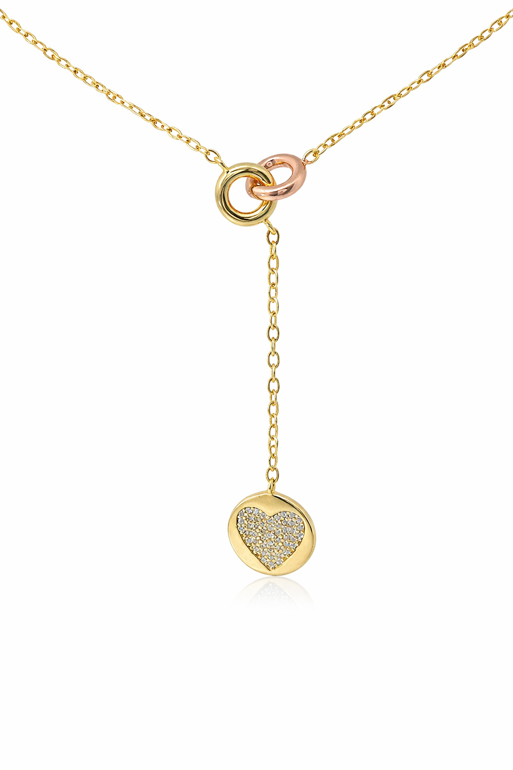 TWO TONE CZ HEART DISC DROP "Y" NECKLACE