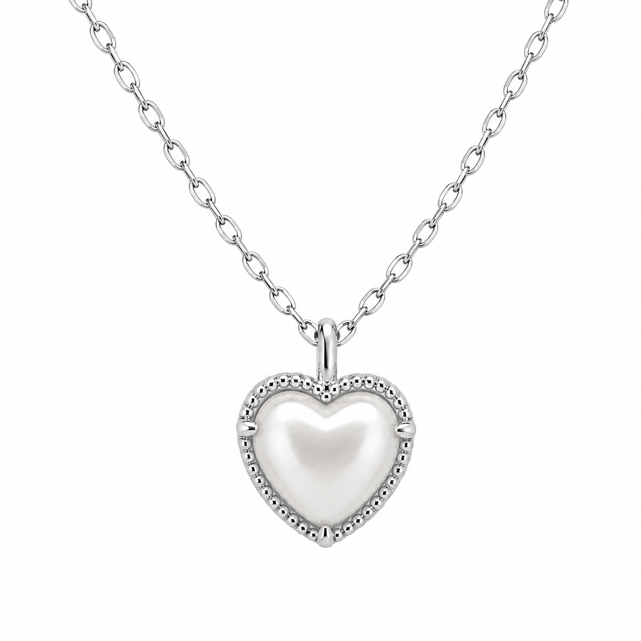 Sterling Silver Puffed Pearl Heart Necklace