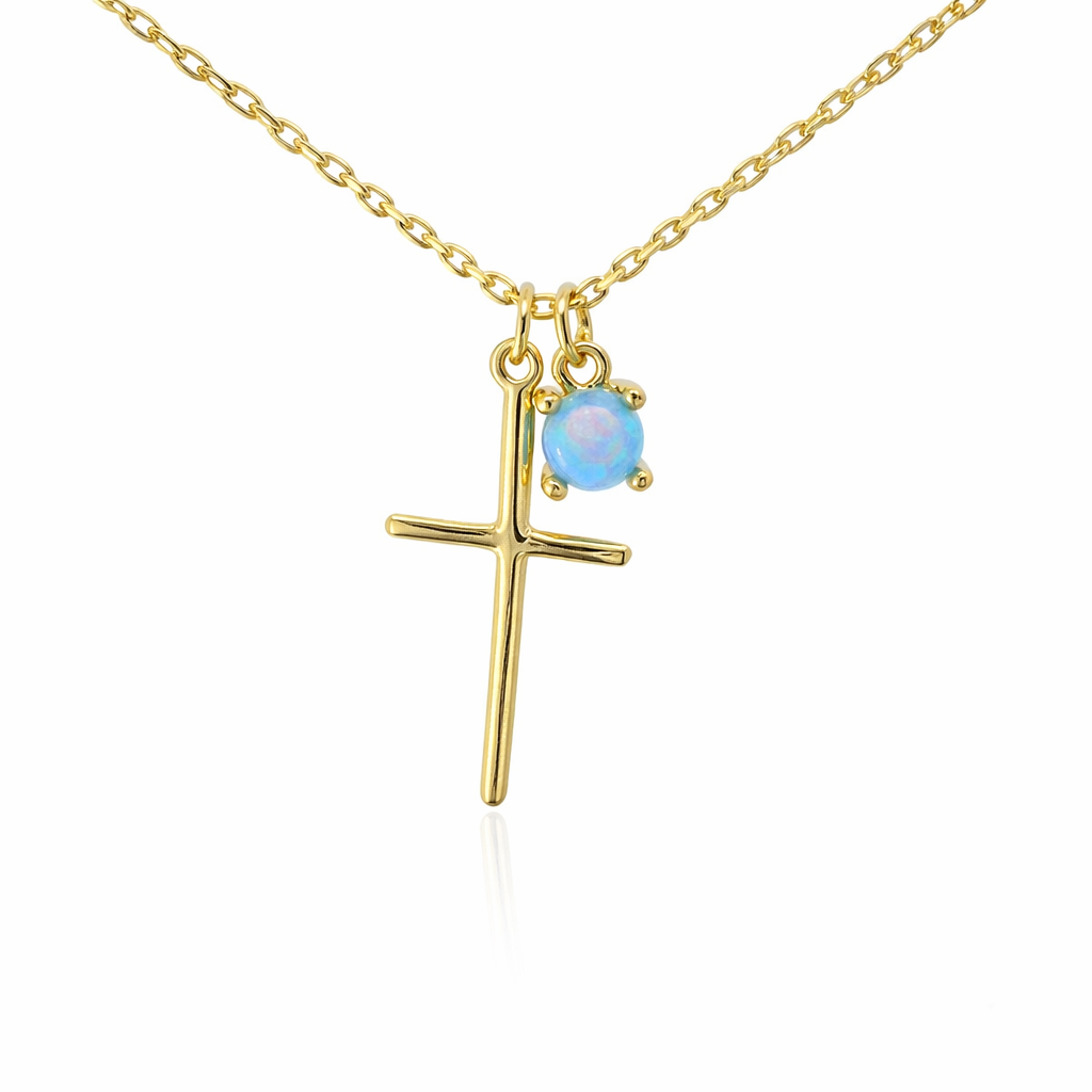 Sterling Silver Gold Plated Plain Cross & Blue Opal Charm Necklace