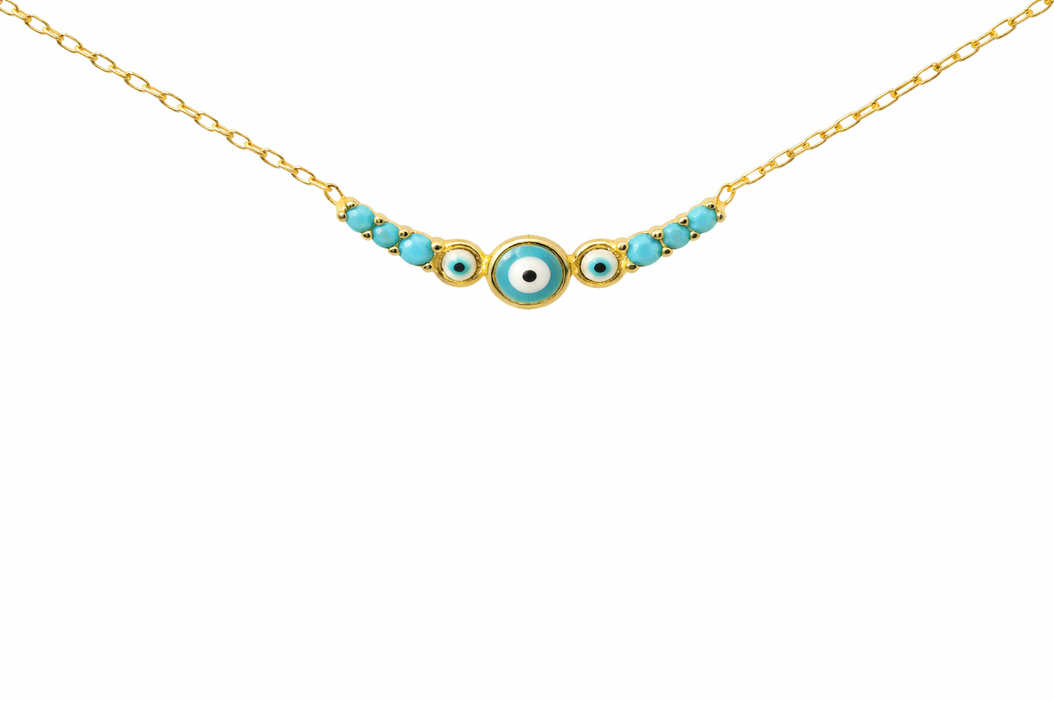 Sterling Silver Gold Plated Turquoise/White Enamel Evil Eye Necklace
