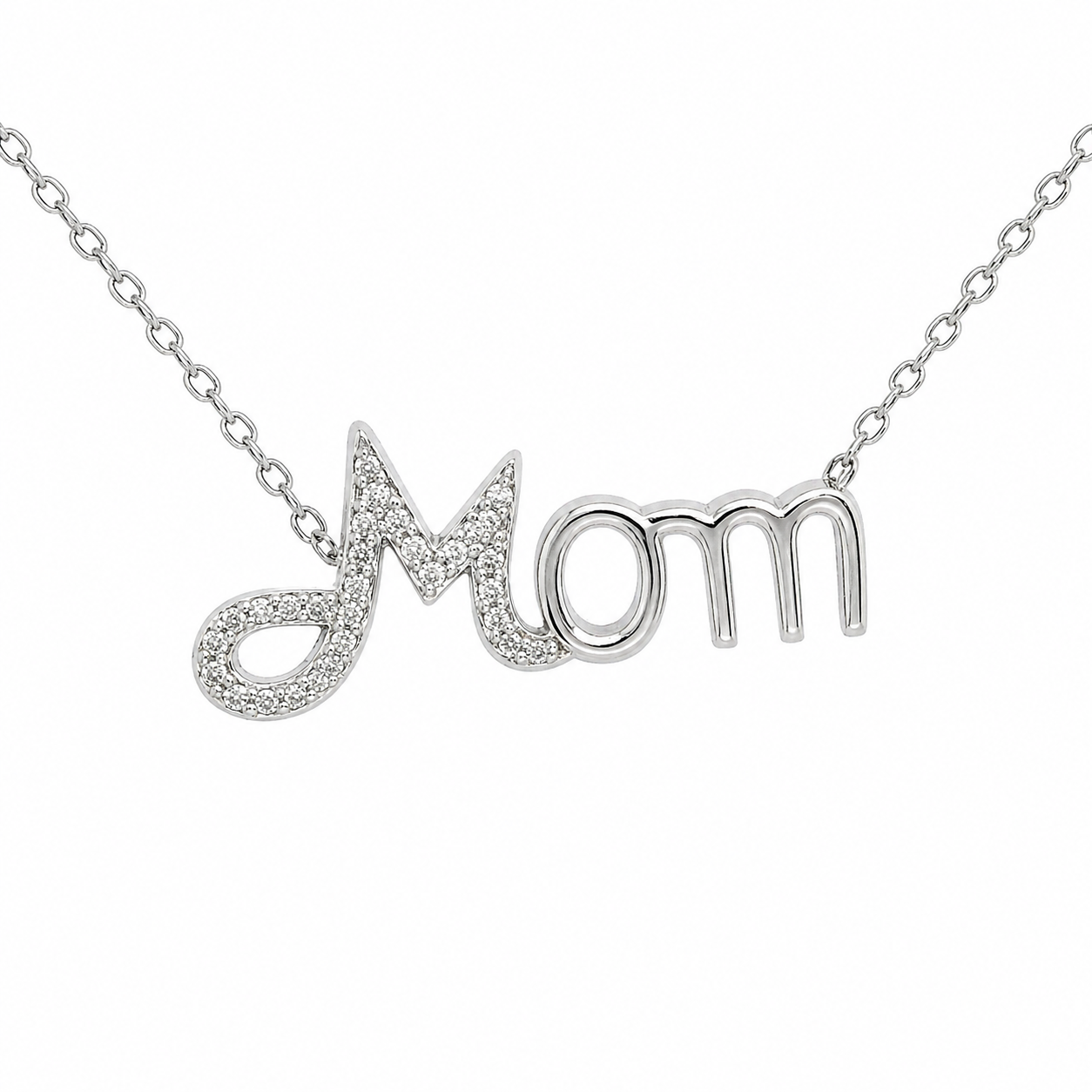 Sterling Silver CZ Cursive "MOM" Necklace