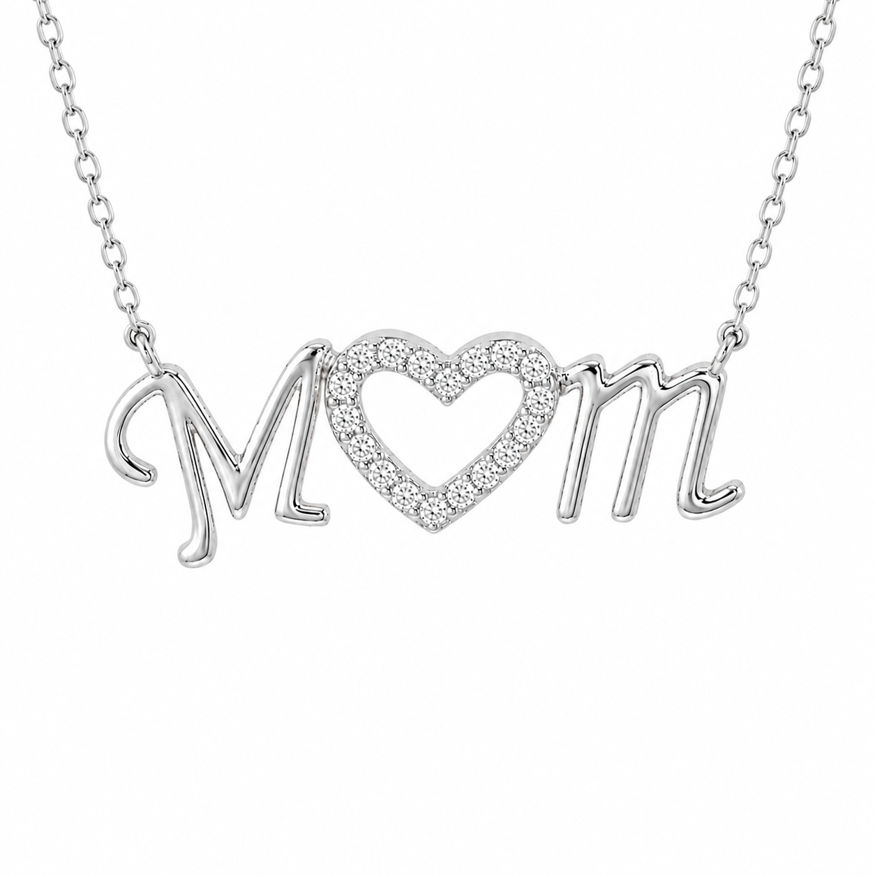 Sterling Silver Cursive "MOM" CZ Heart Necklace