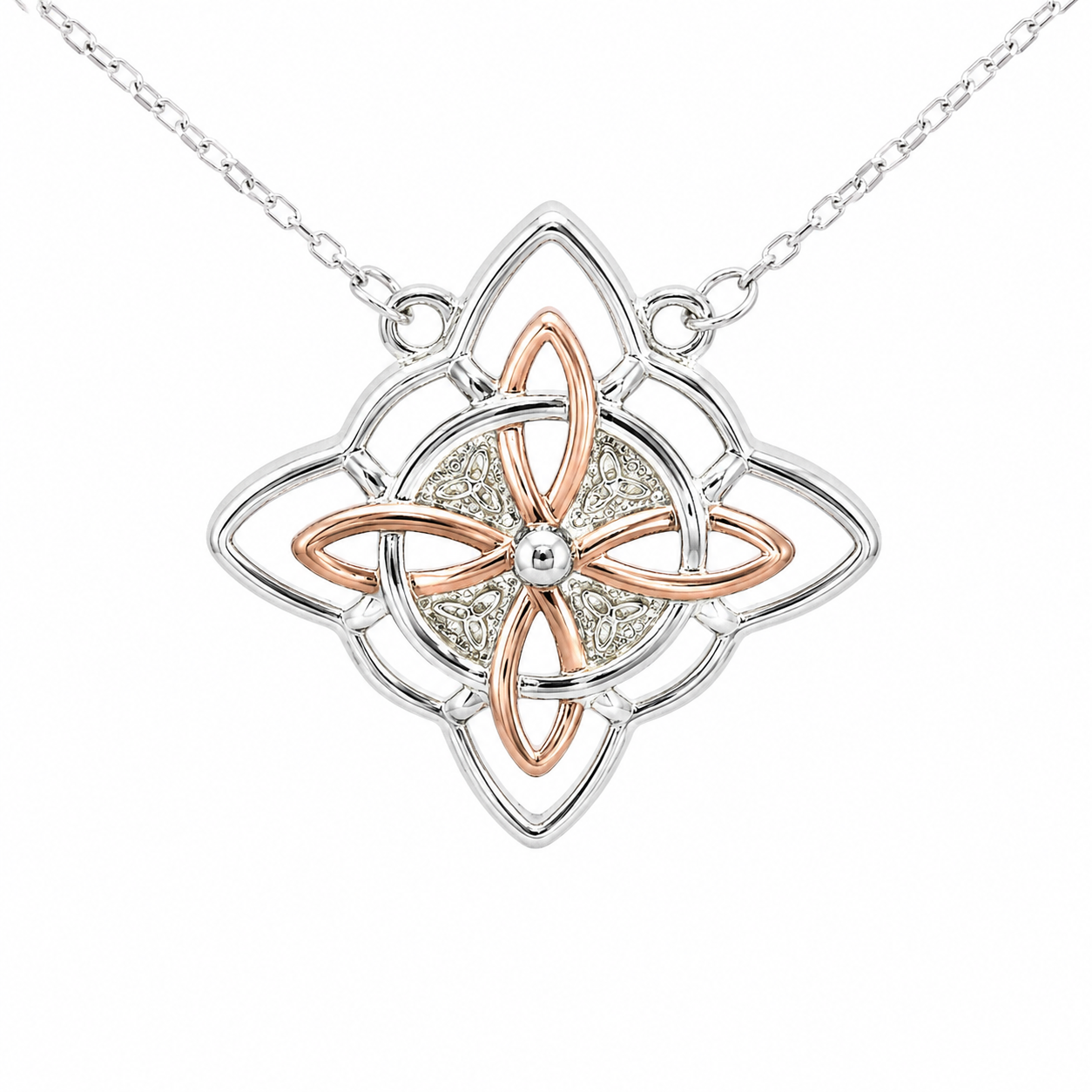 Sterling Silver Two Tone Quaternary Celtic Witch Knot Necklace