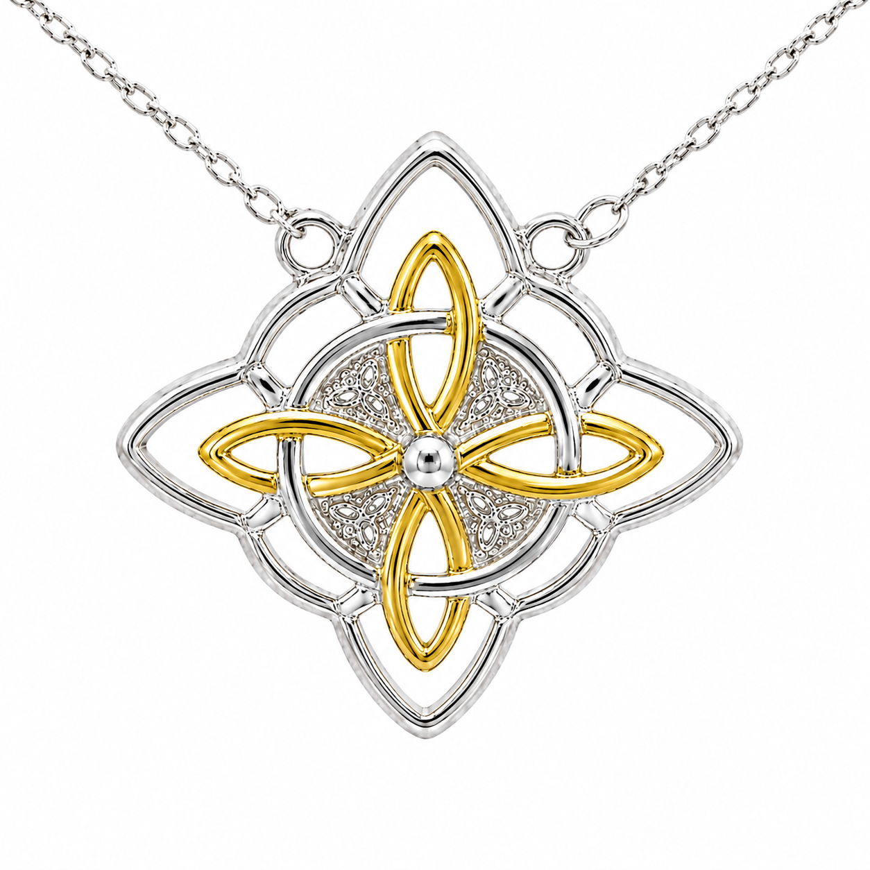 Sterling Silver Two Tone Quaternary Celtic Witch Knot Necklace