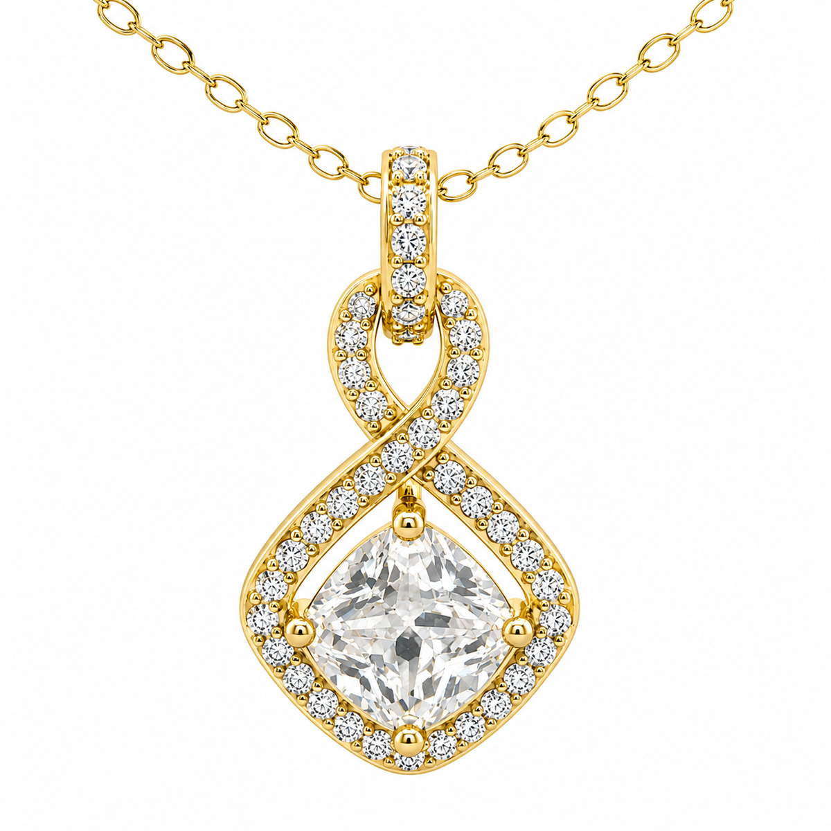 Sterling Silver CZ Princess Cut With Diamond Shape Halo Necklace