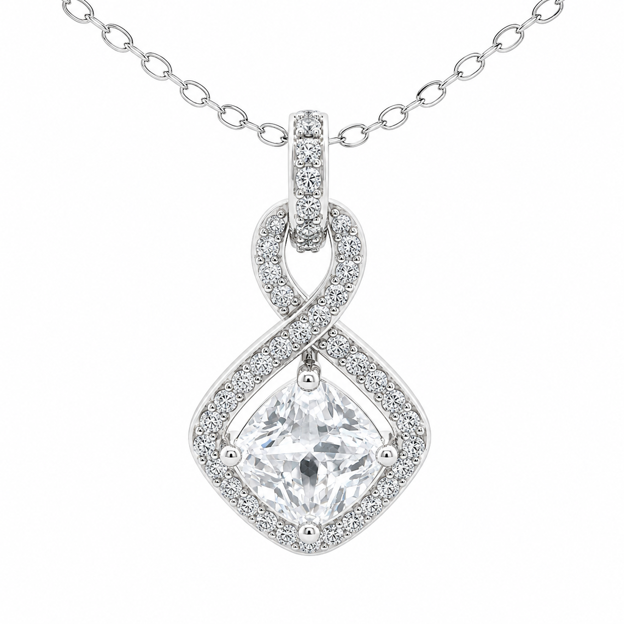 Sterling Silver CZ Princess Cut With Diamond Shape Halo Necklace