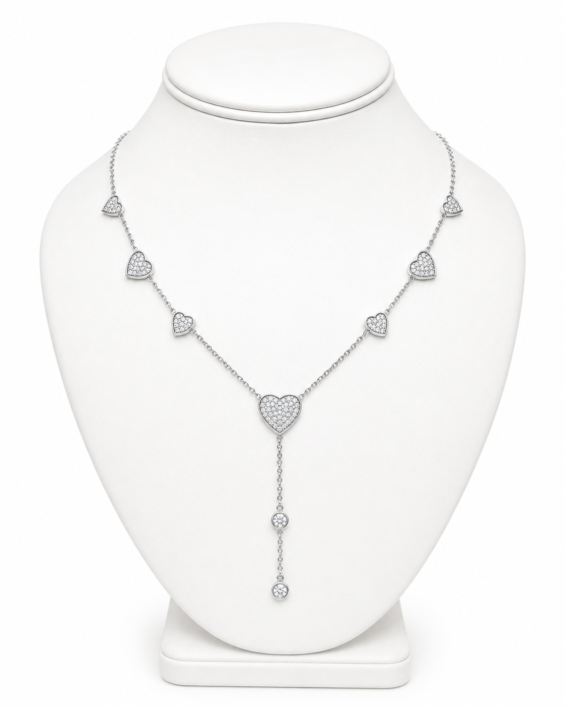 Sterling Silver CZ Pave Heart Station Y Necklace
