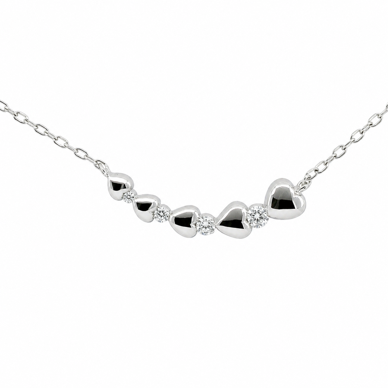 Sterling Silver CZ & Polished Hearts Necklace