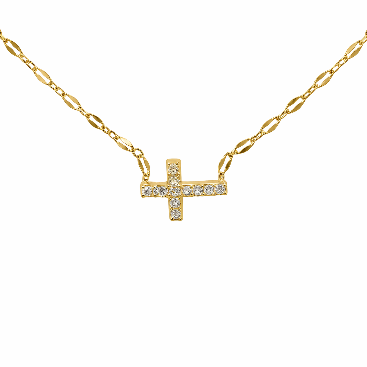 Sterling Silver Sideways  CZ Cross Necklace