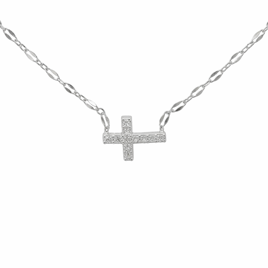 Sterling Silver Sideways  CZ Cross Necklace