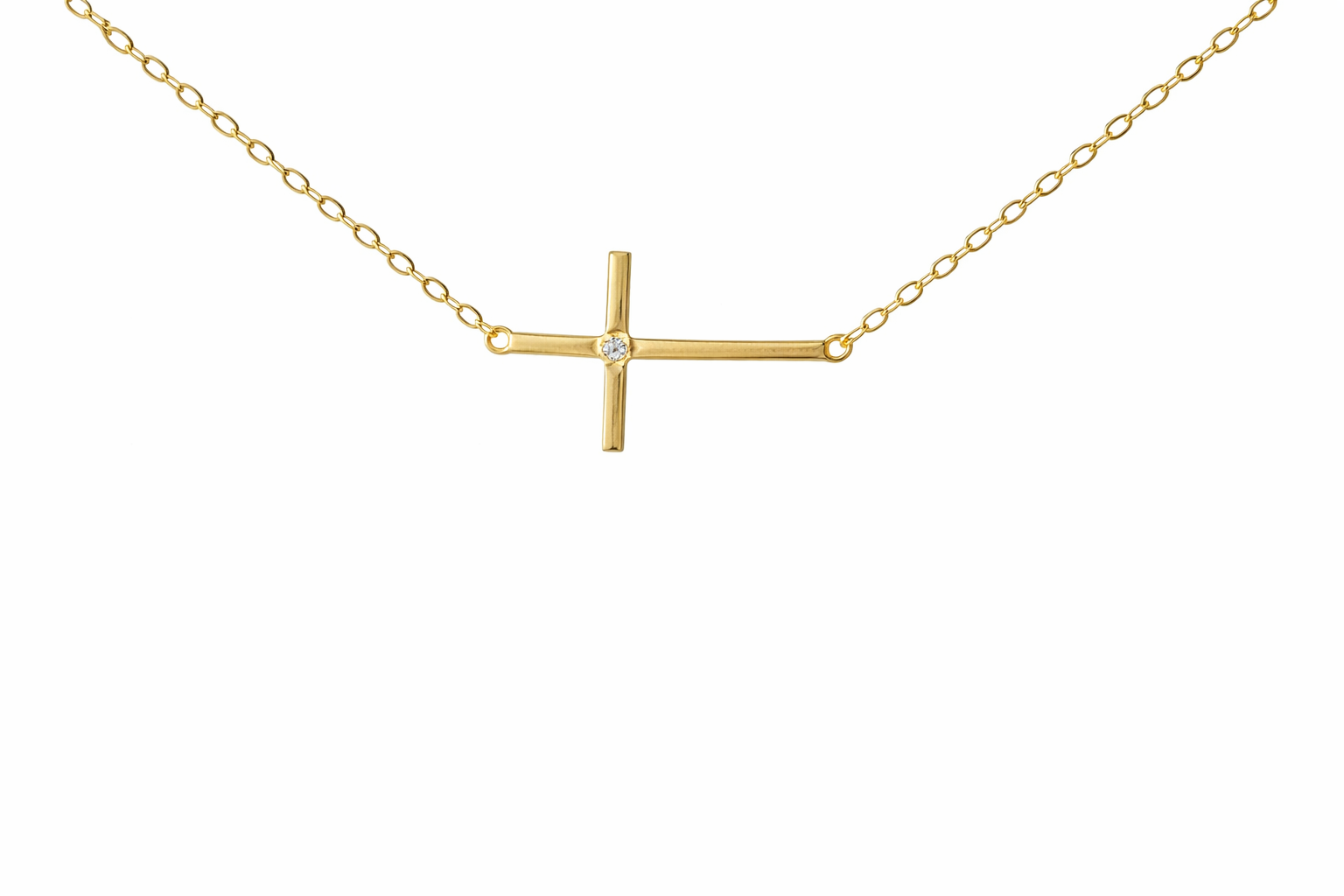 Sterling Silver Sidways Cross With CZ Gemstone Necklace